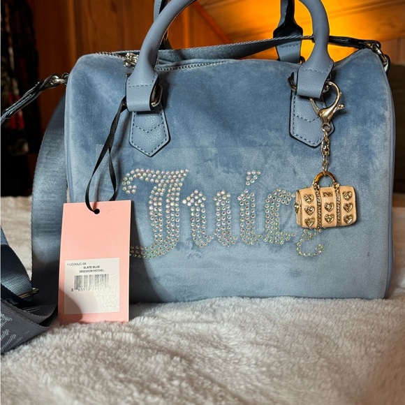 Juicy Couture Handbags - Juicy Couture Light Blue Velvet Satchel Bag with a gold purse charm.. NWT)